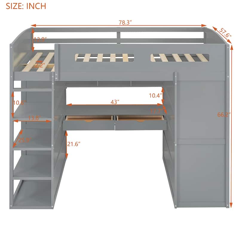 Full Size Solid Wood Loft Bed with Desk, Wardrobes, and Shelves
