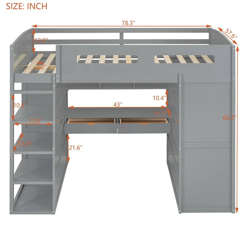 Solid Wood Loft Bed with Desk, Wardrobes, and Shelves