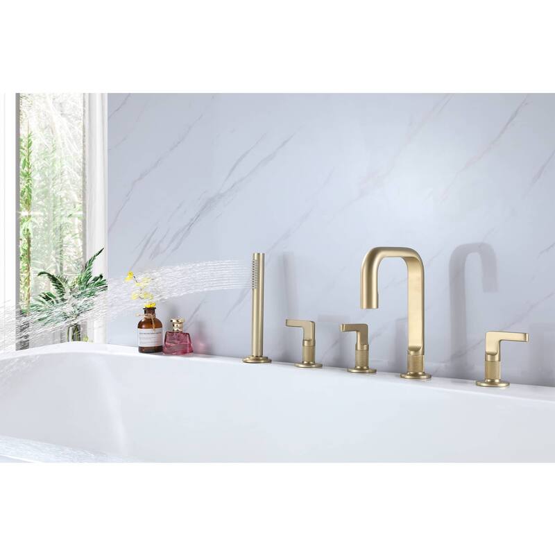 Deck Mounted Bathtub Faucet With Hand Shower Triple Handles 5-Hole Roman Bathroom Tub Filler Modern Bath Faucet Set