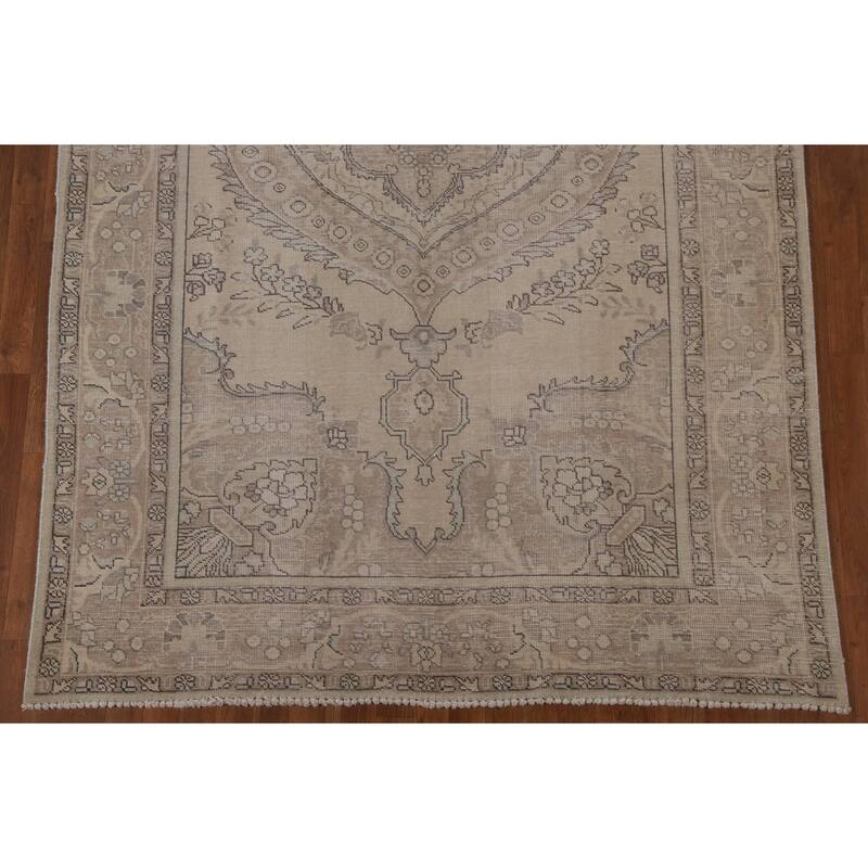 Beige Distressed Tabriz Persian Vintage Area Rug Handmade Wool Carpet - 6'3" x 9'8"
