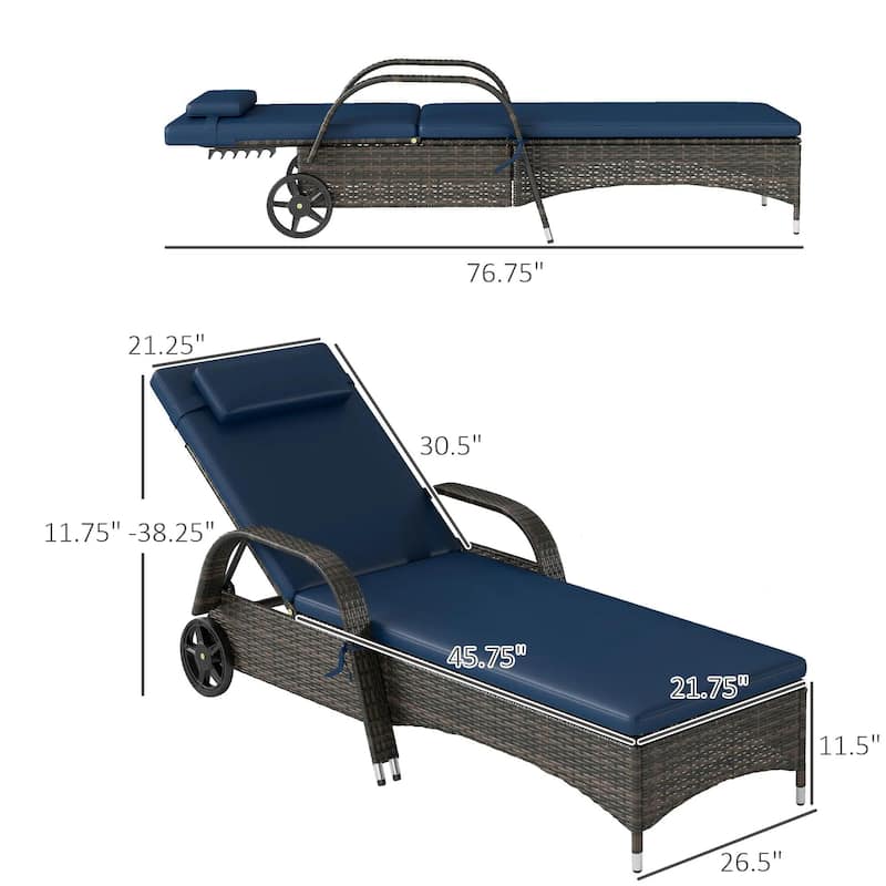 Reclining Chaise Lounge Set of 2, Outdoor Chairs,Cushion,Pillow,Wheels