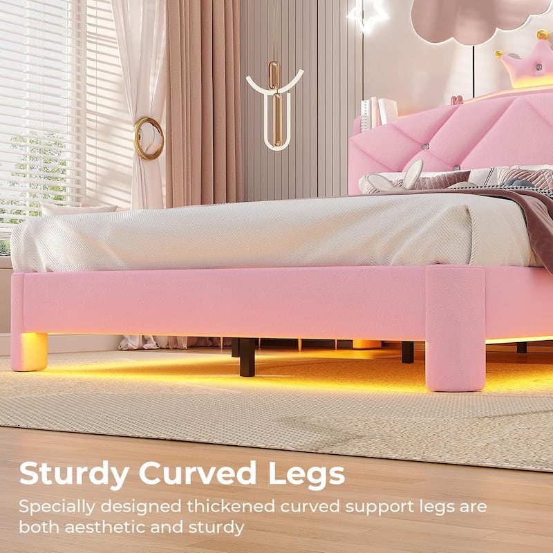 Princess Upholstered Bed with Headboard Charging Station Crystal Button Crown