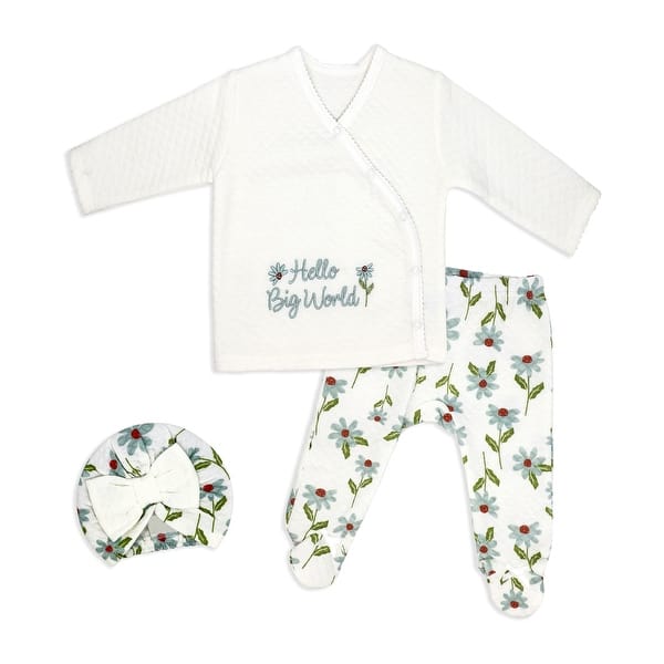 slide 2 of 5, Baby Girls 3 Piece Lightly Quilted Hello Big World Layette Set, Cream Floral 0-3 months