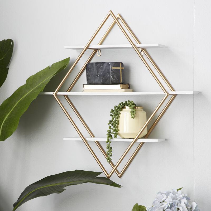 Wooden 3 Shelves Wall Shelf with Diamond Shape - Gold - Roche River Decor