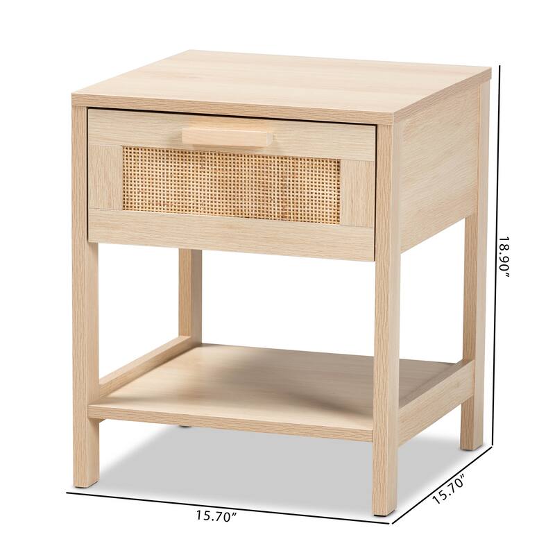 Baxton Studio Sebille Mid-Century Modern Light Brown Finished Wood 1-Drawer End Table with Natural Rattan