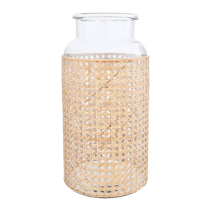 Glass Jar Vase with Decorative Cane Sleeve - Brown