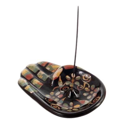 Novica Handmade Colorful Hamsa Ceramic Incense Holder