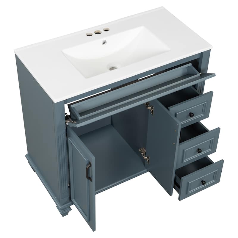 Roomfitters 36" Bathroom Vanity with Sink, Flip-Out Drawer, 3 Drawers, Soft-Close Doors, Solid Wood Cabinet