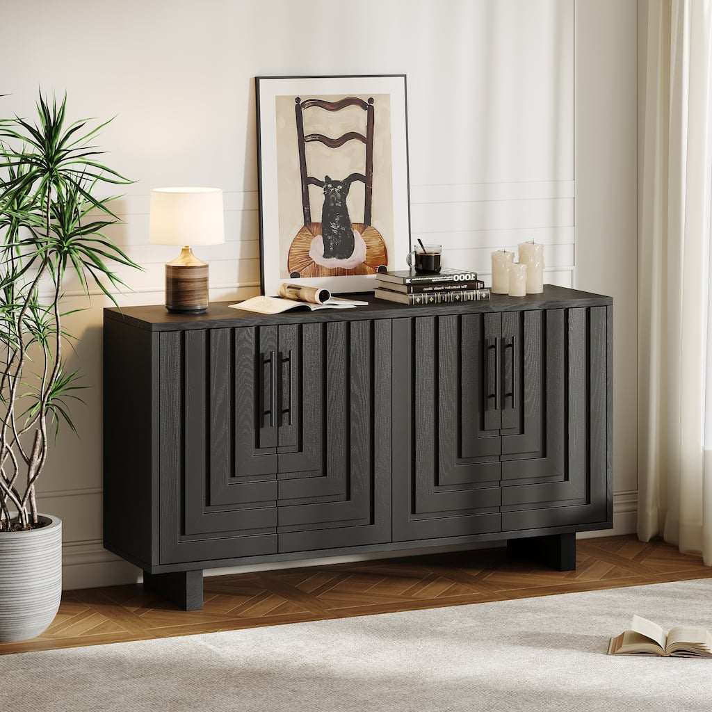 Roomfitters Modern 4-Door Sideboard Storage Cabinet with Geometric Panels, 59 Inch