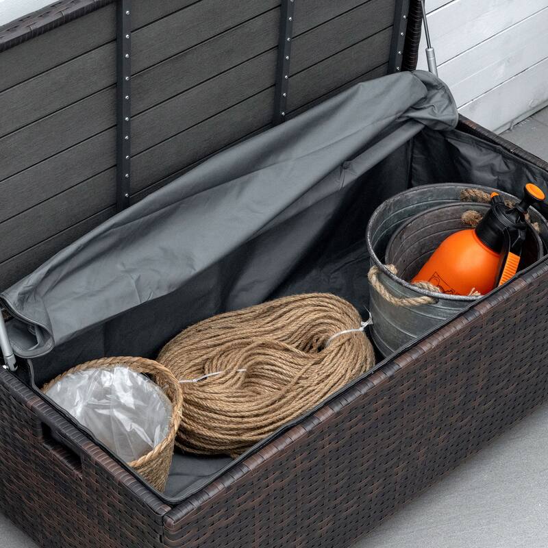 Outsunny PE Rattan Patio Storage Bench with Interior Water-Fighting Cloth Bag & Comfortable White Top Cushion