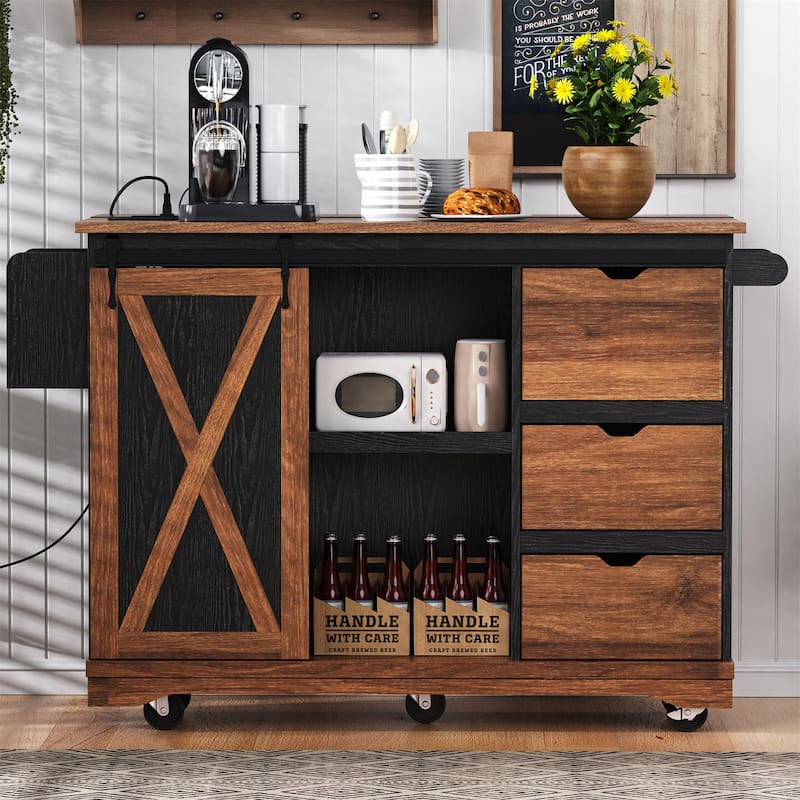 55" Wood Rolling Kitchen Island with Drop Leaf,Barn Door,Power Outlet