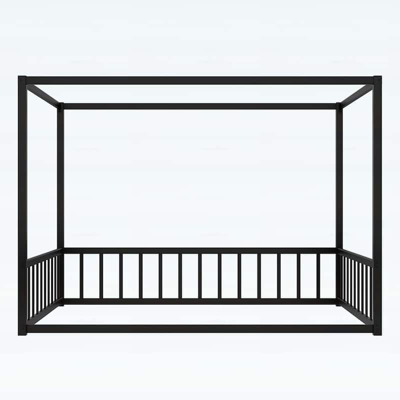 Floor House Bed with Fence-Style Guardrails,Modern Low-Profile Design
