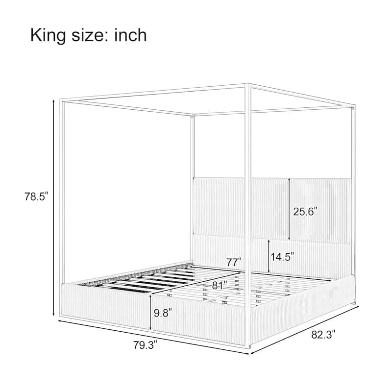 Contemporary Corduroy Upholstered Canopy Bed with Tall Headboard & Sleek Metal Frame