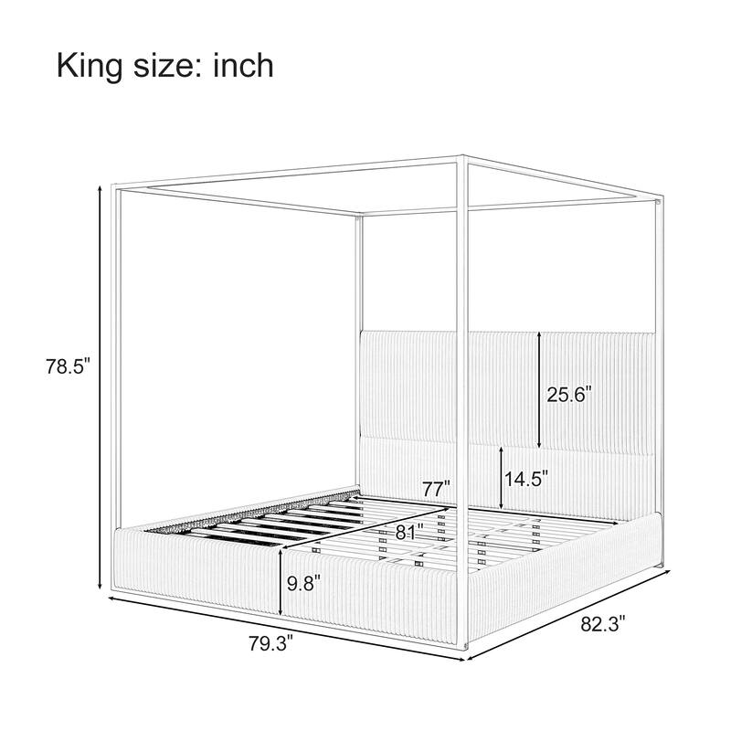 Queen/King Modern Luxury Metal Canopy Bed with Tall Corduroy Upholstered Headboard and Gold Four Poster, No Box Spring Needed
