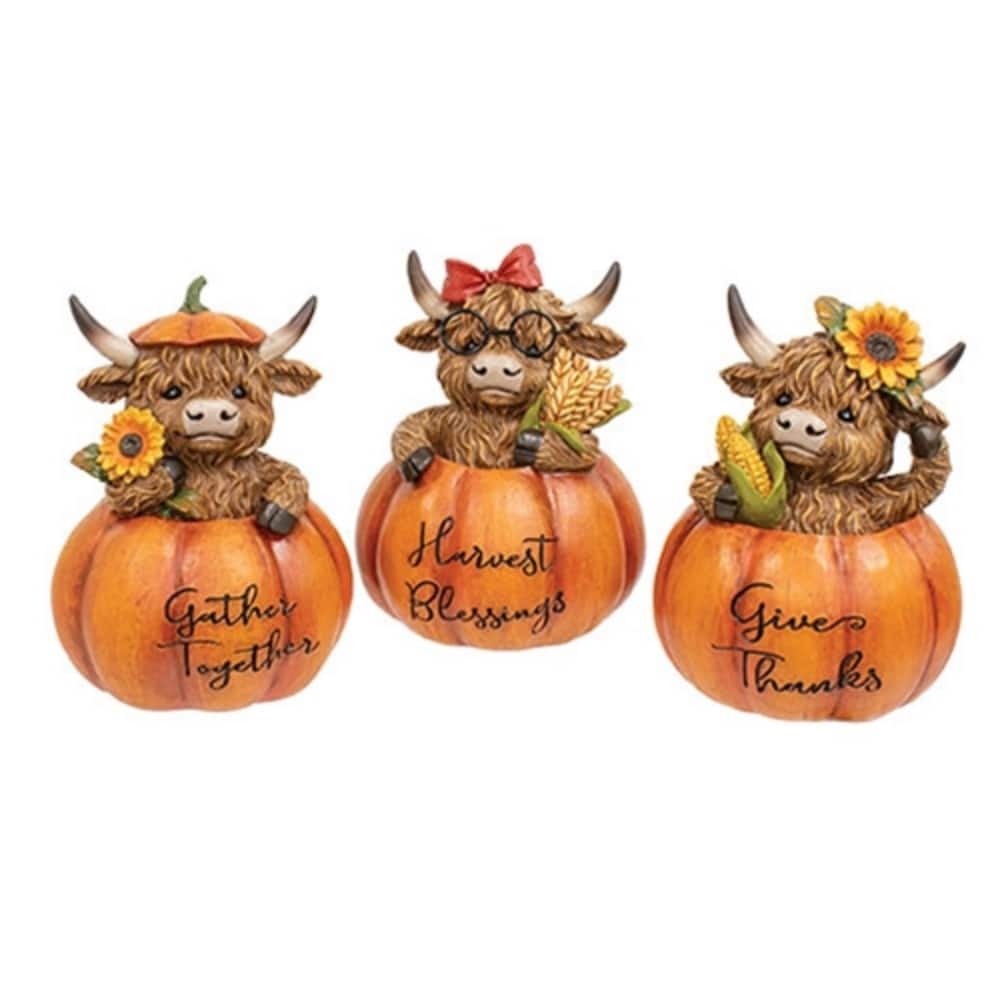 Fall Pumpkin Figurines with Highland Resin Cows Carved Seasonal Home Decoration 3 Asstd. - 5.5”H x 4”Dia