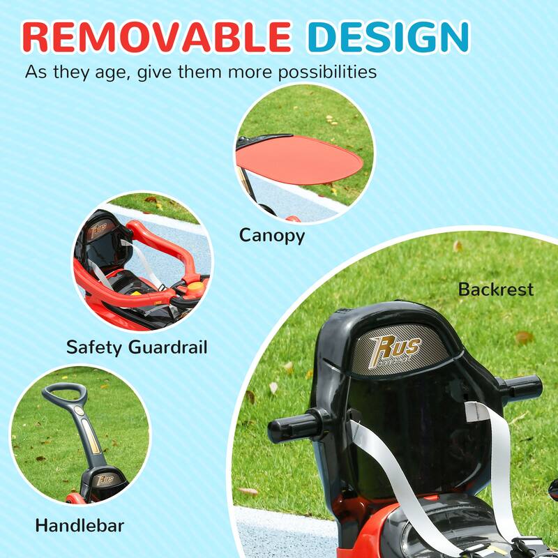 3-in-1 Push Car for Kids 1-3 Years, Ride on Sliding Car with Removable Handle, Music, Horn, Canopy & Safety Guardrail