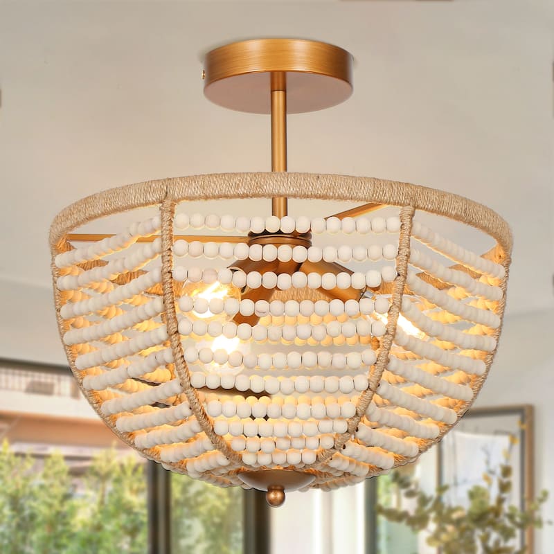 Coastal Boho Beaded 3-Light Chandelier Gold Semi-flush Mount Ceiling Light for Foyer Entry - Dia. 14" x H 13.7"