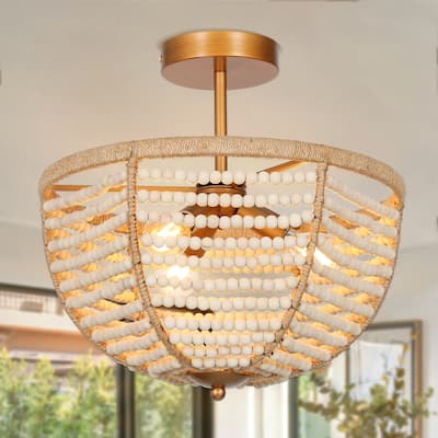 Coastal Boho Beaded 3-Light Chandelier Gold Semi-flush Mount Ceiling Light for Foyer Entry - Dia. 14" x H 13.7"