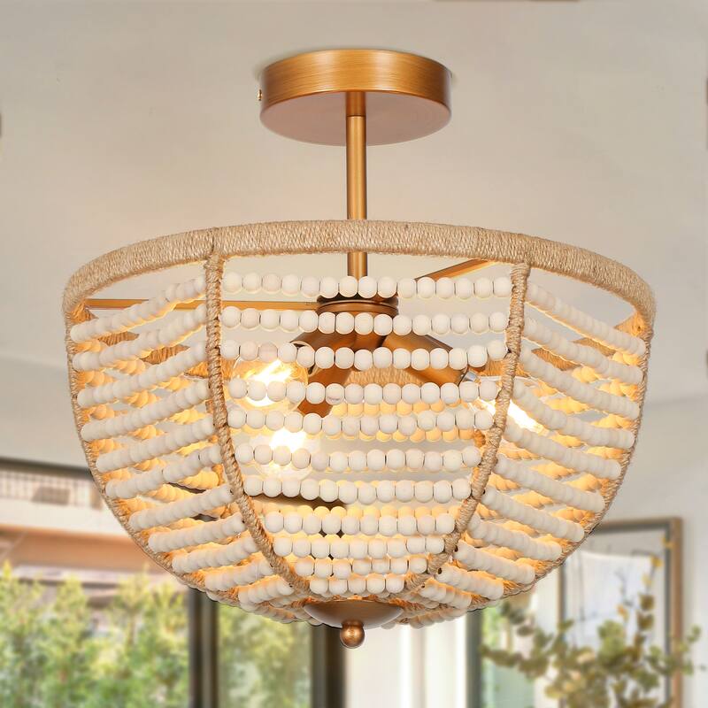 Farmhouse Boho Beaded 3-Light Chandelier Coastal Semi-flush Mount Ceiling Light for Foyer Entry - Dia. 14" x H 13.7"