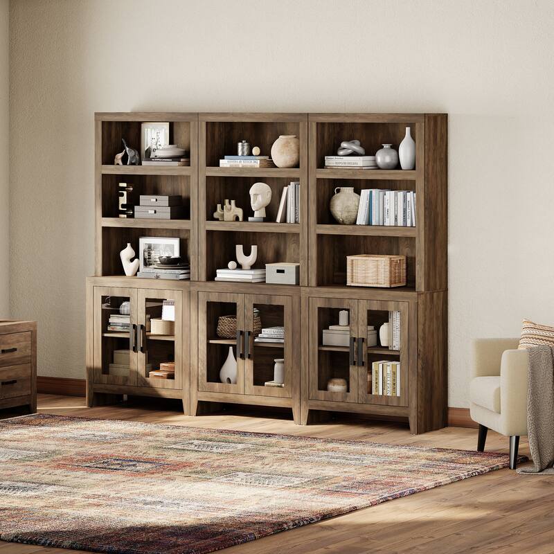 WAMPAT 3 Tier Bookshelf with Glass Door, 74" Tall Bookcase with Adjustable Shelf and Storage Cabinet, Farmhouse Wooden Bookshelf