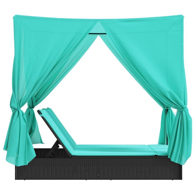 vidaXL Double Sun Lounger with Roof and Curtains Brown/Gray/Black Poly Rattan - 78.7" x 44.9" x 77.2"