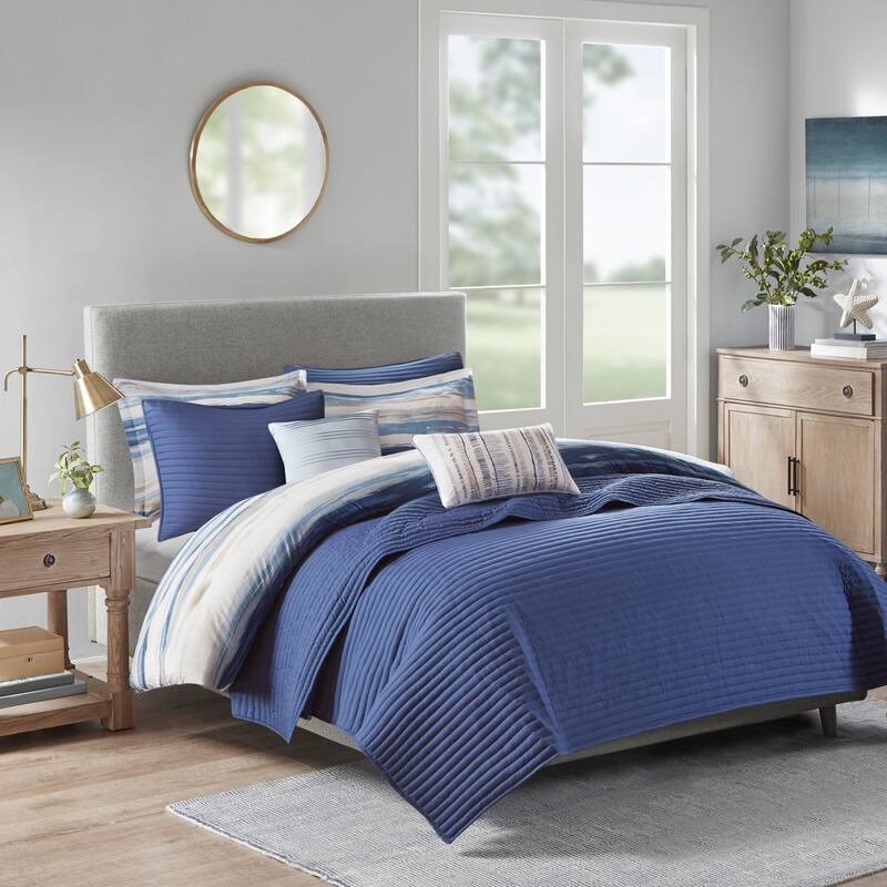 8 Piece Printed Seersucker Comforter and Quilt Set Collection Blue Full/Queen