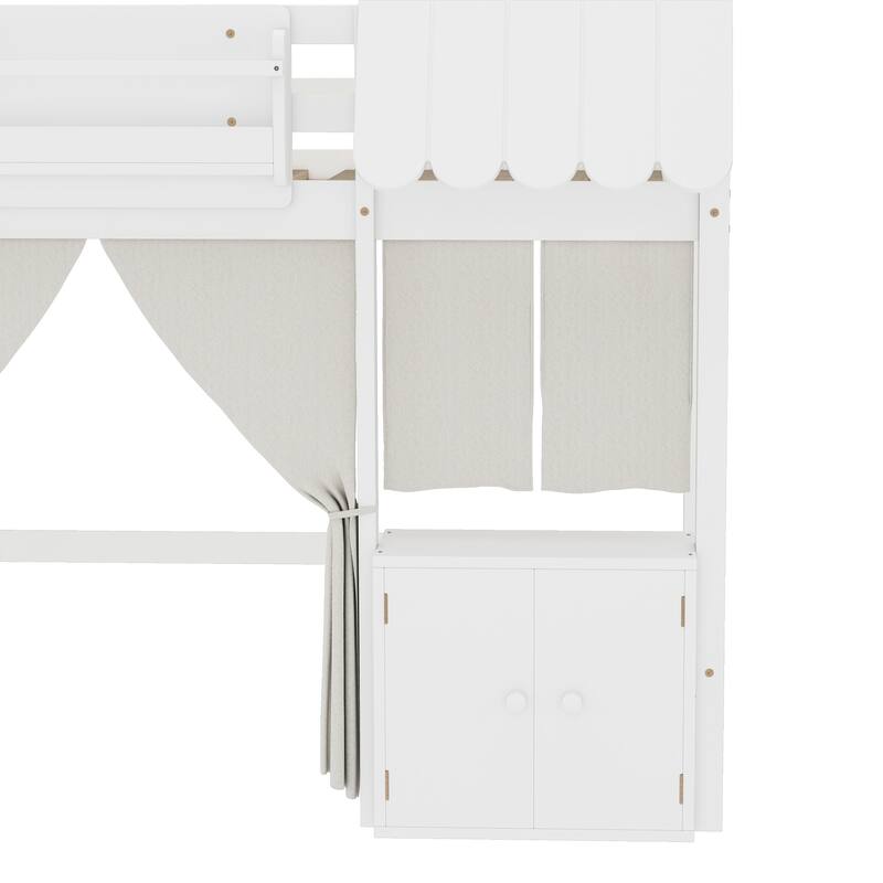 Fairy Tale Cottage Loft Bed with Tent, Bookshelf and Storage Cabinets