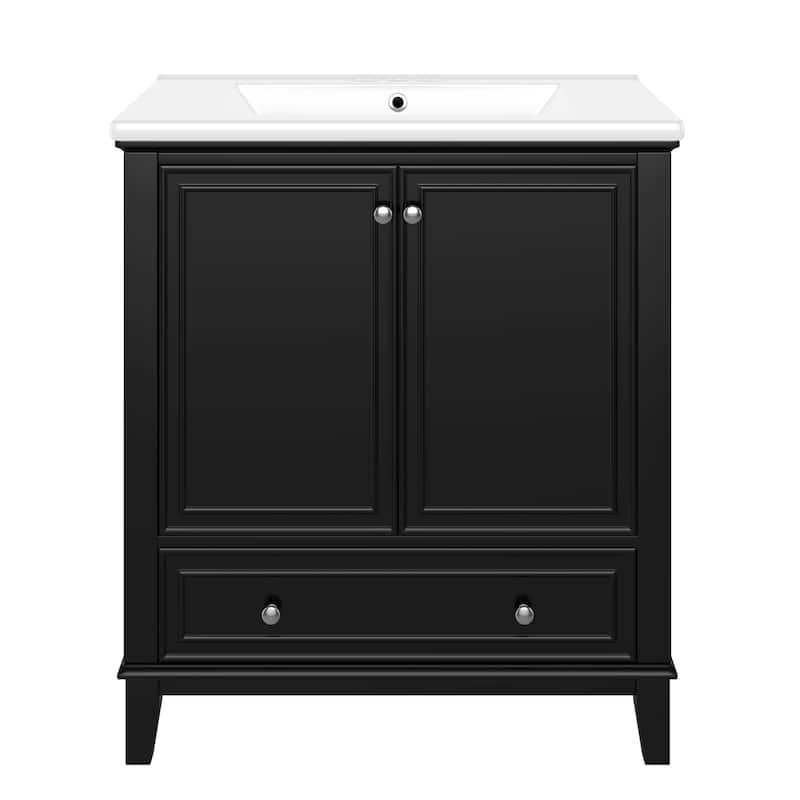 30" Bathroom Vanity Cabinet with Ceramic Sink Combo, Black - 30 Inch