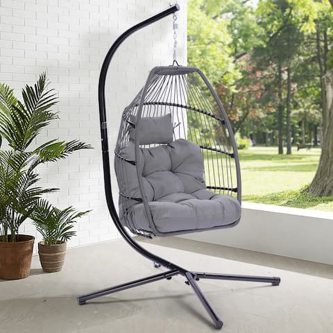 Outdoor Patio Rattan Wicker Swing Egg Chair with Cushion and Pillow