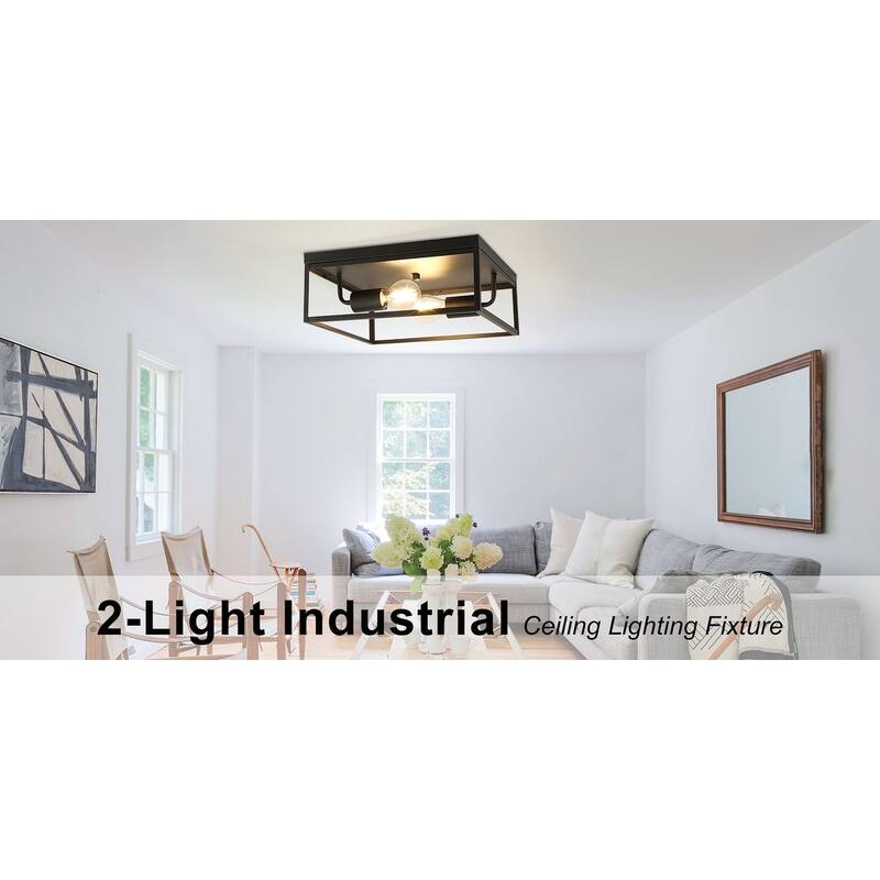 Depuley Industrial Metal Flush Mount Ceiling light Fixture,2 Light Heads 13-Inch Square Base&Frame