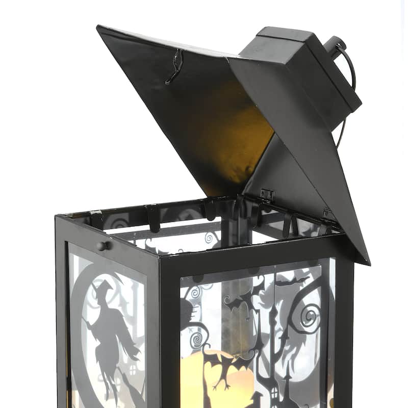 National Tree Company Halloween Lantern with LED Lights, Carved Images of Witches and Cobwebs, 16 inches - 16 in