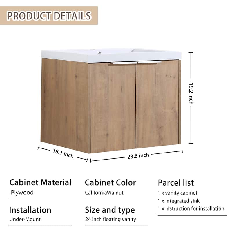 Beingnext 24"/30"/36" Bathroom Vanity with Sink, Floating Bathroom Vanity with 2 Soft Close Doors