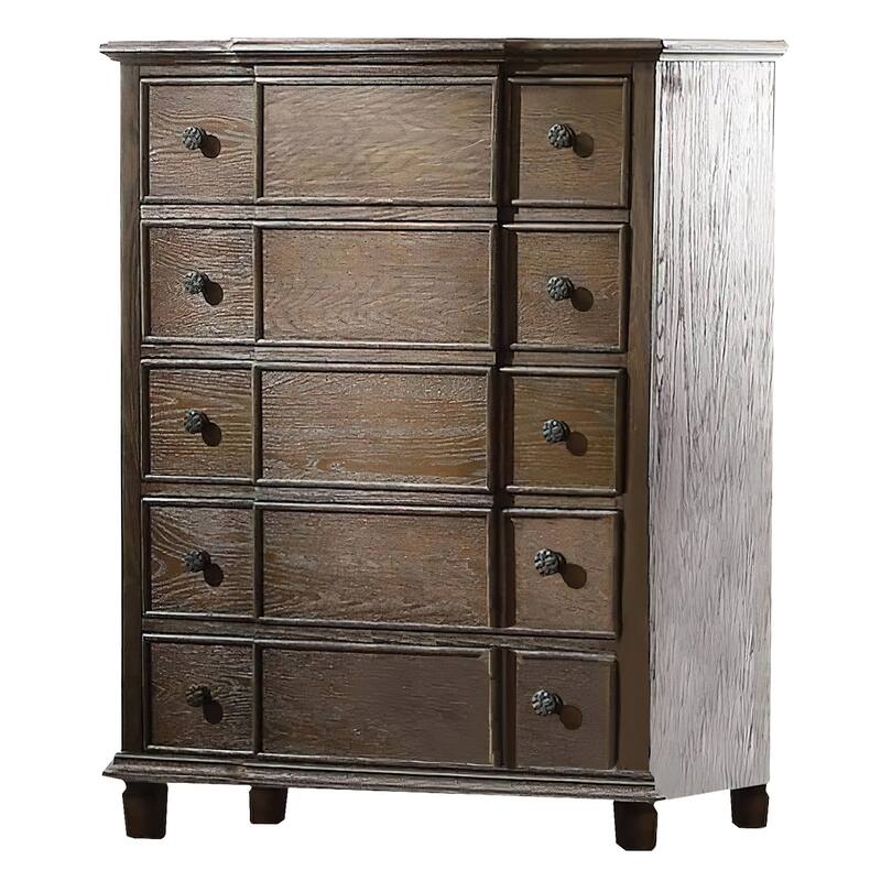 Five Drawer Chest With Round Knobs Side Metal Glide In Weathered Oak Finish