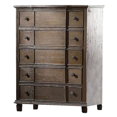 Five Drawer Chest With Round Knobs Side Metal Glide In Weathered Oak Finish