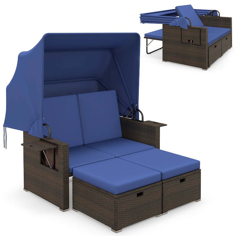 Gymax Rattan Daybed w/ Adjustable Backrests & Retractable Canopy for - Blue