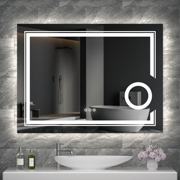 LED Backlit Dual Light Bathroom Mirror Makeup Anti Fog with Magnifier 36 in. W x 28 in. H