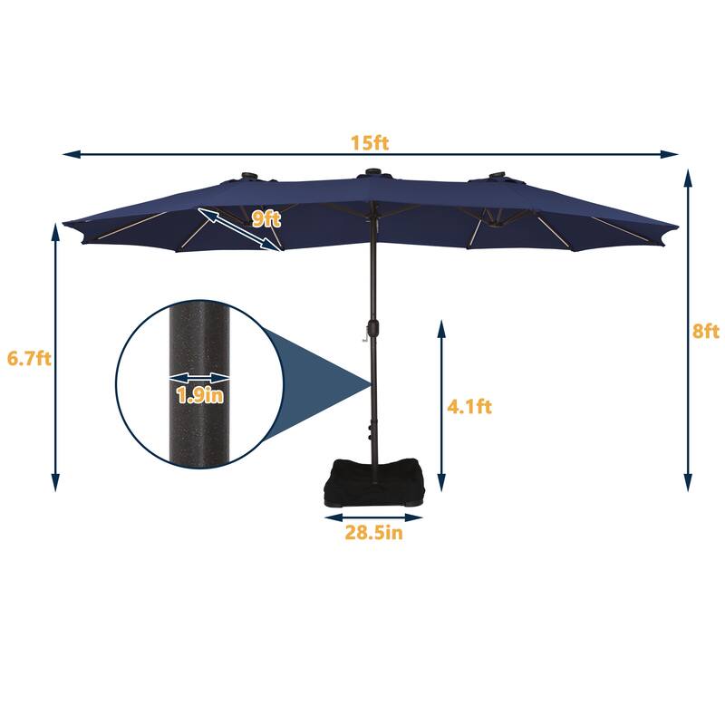 15 Ft Outdoor Solar Detachable Lights Rectangular Crank Market Umbrella with Base