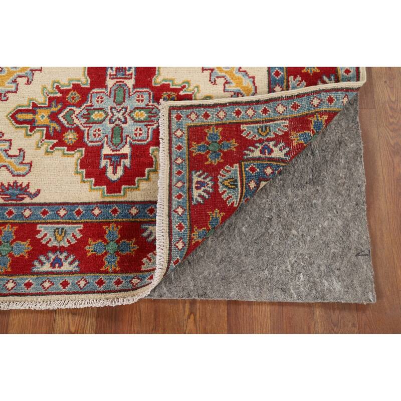 Ivory Geometric Kazak Oriental Accent Rug Handmade Wool Carpet - 3'7" x 5'2"