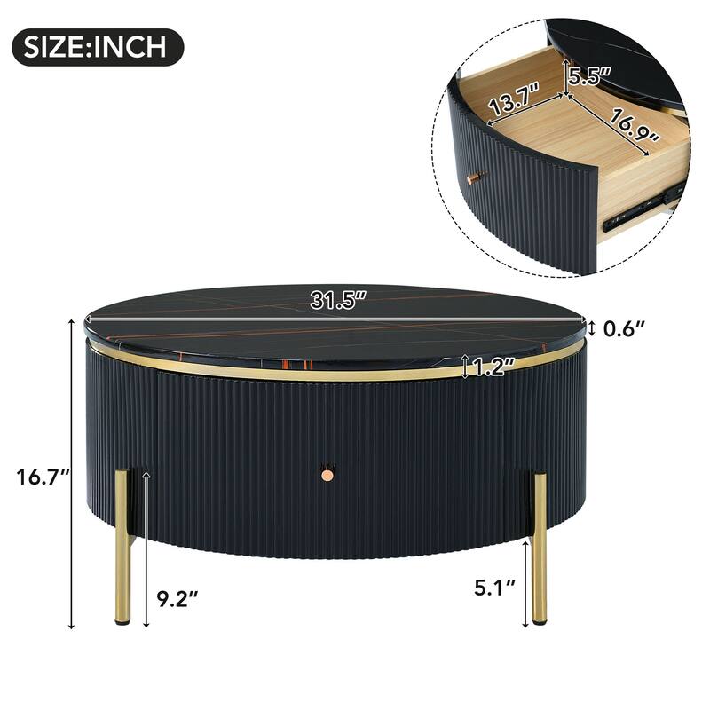 Roomfitters Modern Round Marble Coffee Table with Storage, Gold Metal Legs, 2 Hidden Compartments 31.5"