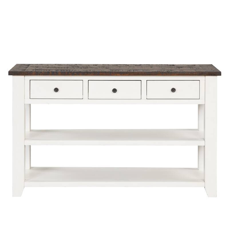Solid Pine Wood Top Console Table with 3 Drawers and 2 Shelves