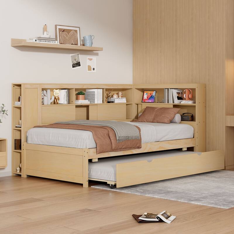 Twin Size Daybed with Storage Shelves and USB Ports, Wooden Platform Bed Daybed Sofa Bed for Living Room, Children's Room