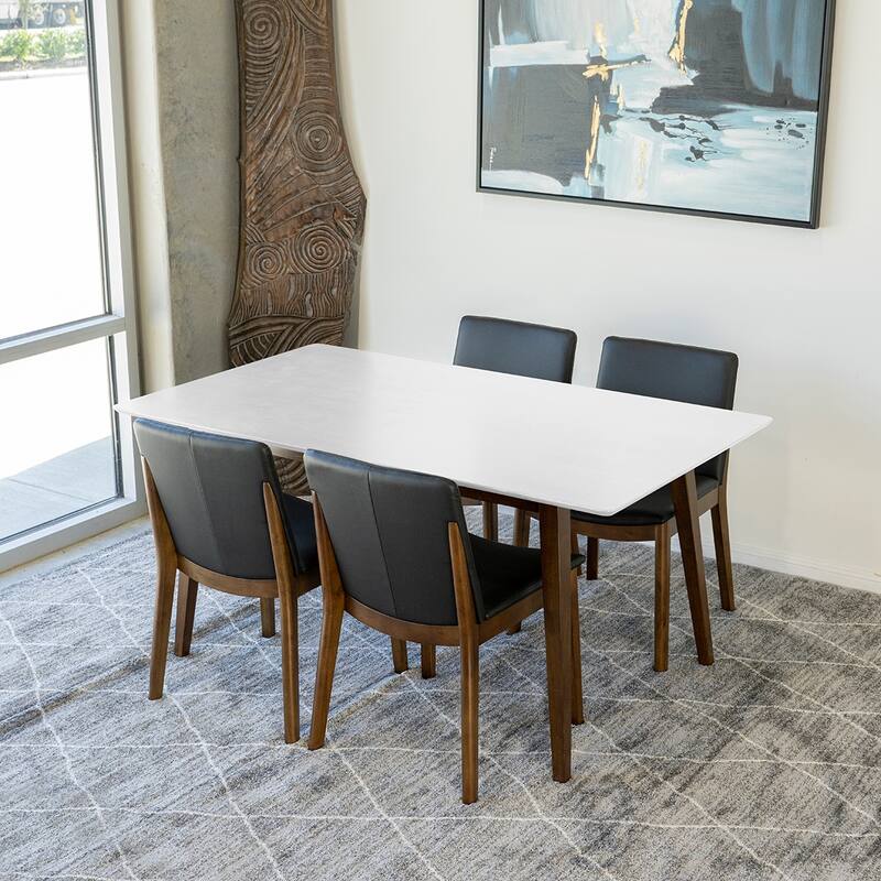 Douglas Modern Solid Wood Walnut 5 Piece Furniture Set 4 Vegan Leather Dining Chairs - White