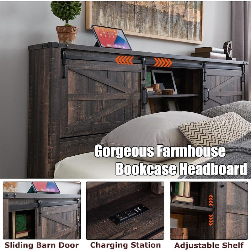 Farmhouse King Size Bed Frame with Storage Shelves & Charging Station