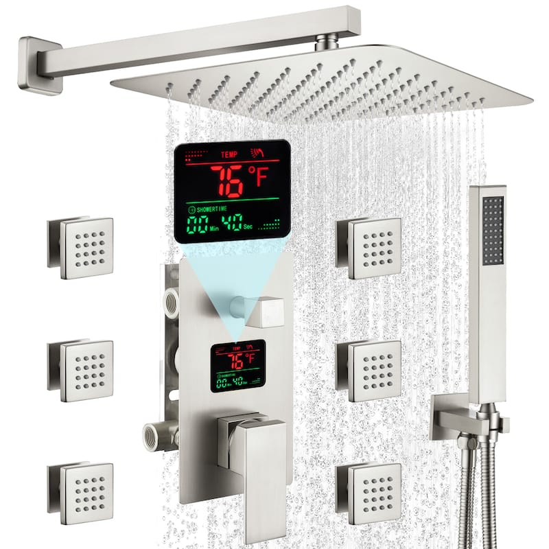 Pressure-Balanced 3-Spray 12 in. Wall Mount Shower System with Handheld Shower Head and 6 Body Jets - 12" x 12"