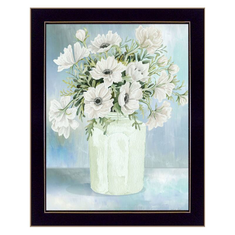 TrendyDecor4U Farmhouse "WHITE BLOOMS II" Framed Print Wall Art - Black