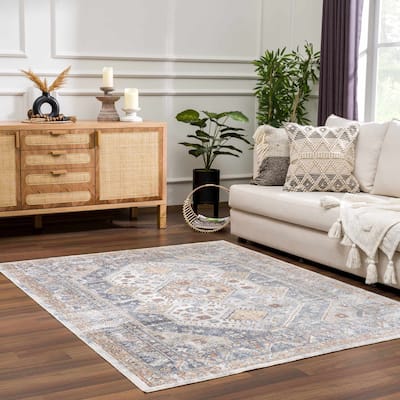 Hauteloom Afya Living Room, Bedroom Machine Washable Area Rug - Dark Blue, Light Blue, Rust - 2' x 3'