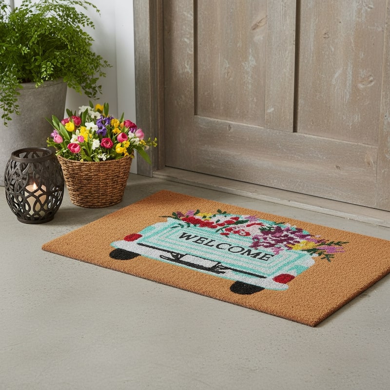 HomeRoots 17" X 29" Brown Aqua And Red Floral Welcome Outdoor Coir Door Mat - 17.00' X '29.00 - 17.00' X '29.00