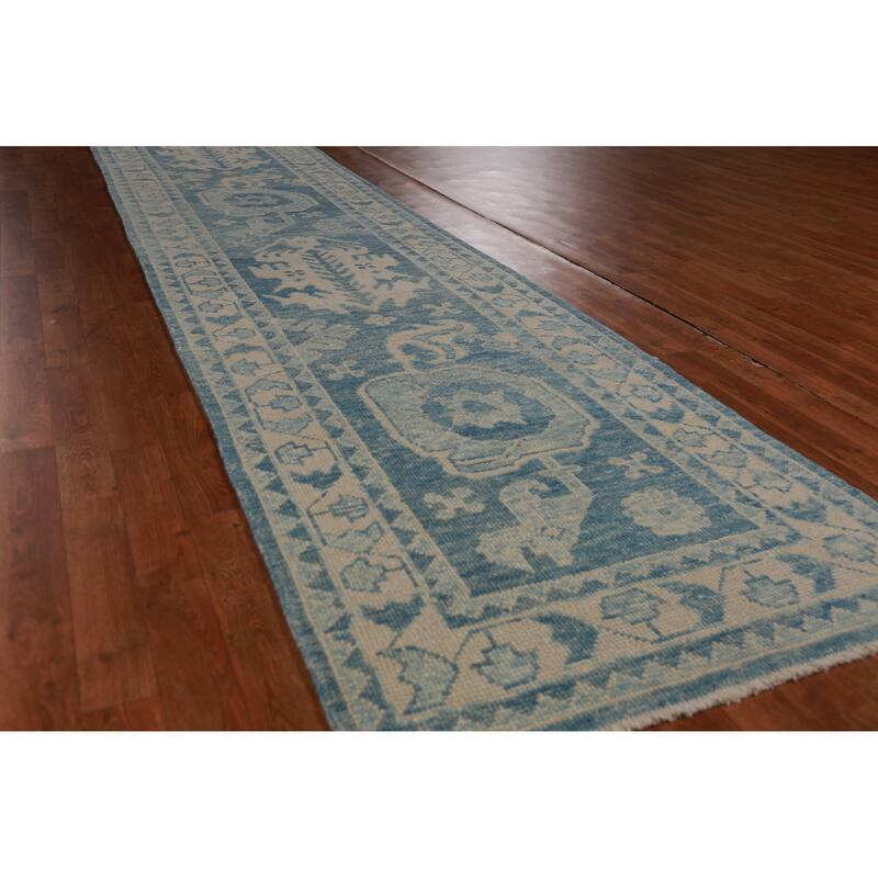 Hand Knotted Oriental 100% Wool Carpet Transitional Geometric Navy Blue & Blues Oushak Runner Rug - 18' 8'' X 3' 2''