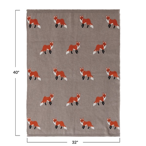 Cotton Knit Baby Blanket with Fox Print - 40.0"L x 32.0"W x 0.25"H