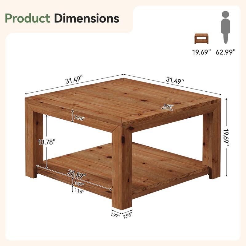 Square Coffee Table with Storage, 31.5-inch Solid Wood Center Table